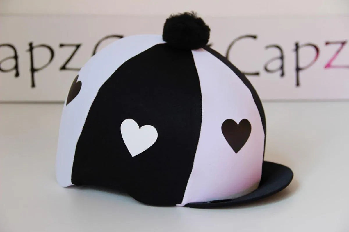 Capz Motif Cap Cover Lycra Heartz & Pom Pom - Black/White -